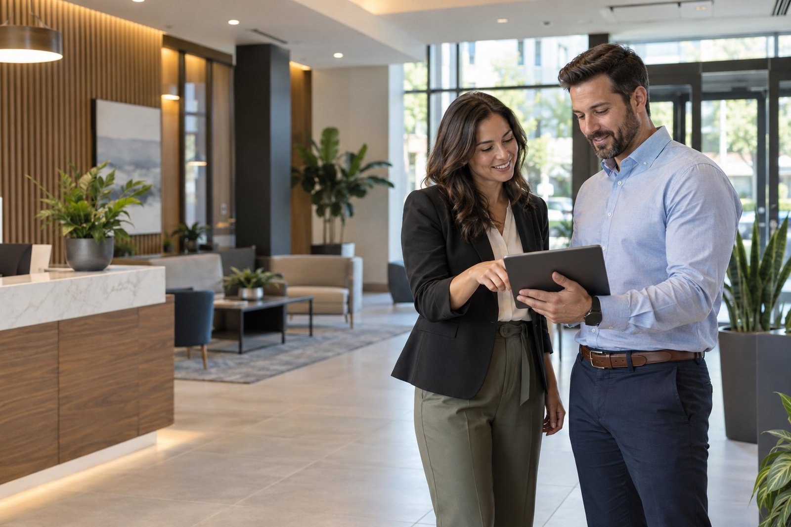 Property team reviewing site work on a tablet in a building lobby